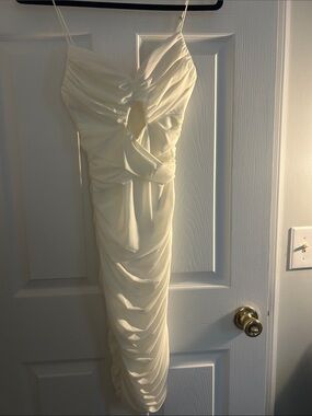 Windsor White Ruched Satin Midi Dress with Cutout
